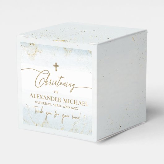 Moderne Blauwe Bedankt Jongen Gouden Kruis Doop Bedankdoosjes (Voorkant Zijde)