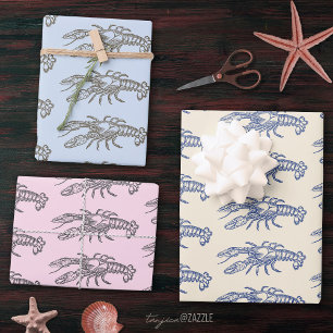 Moderne blauwe beige roze kreeft inpakpapier vel