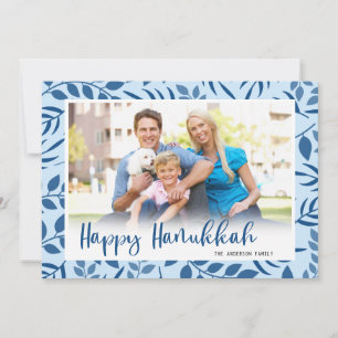 Moderne Blauwe Bladeren en Kalligrafie Foto Hanukk Feestdagenkaart