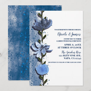 Moderne Blauwe Bloemen Bloemrijke Waterverf Bruilo Kaart