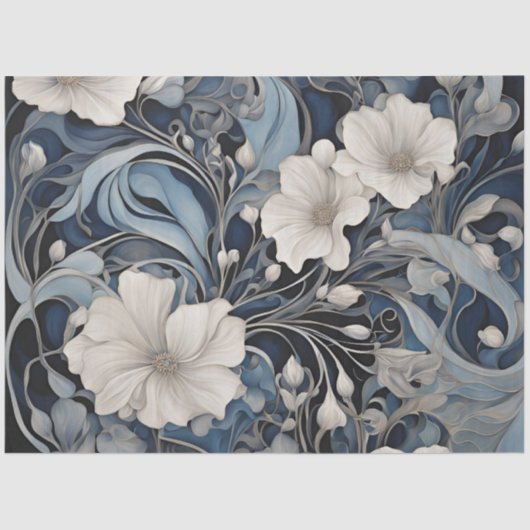 Moderne Blauwe Bloemen Decoupage Tissuepapier (Voorkant)
