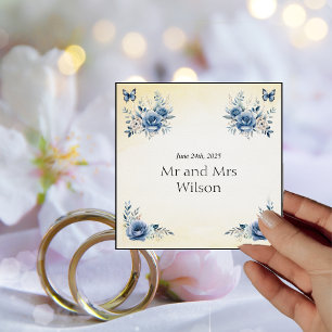 Moderne Blauwe Bloemen en Vlinders Trouwdiner Servet