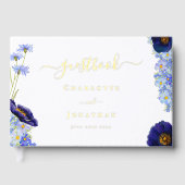 Moderne Blauwe Bloemen Gouden Folie Wedding Gastenboek (Voorkant)