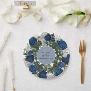 Moderne Blauwe Bloemige Waterverf Elegante Trouw Papieren Bordje