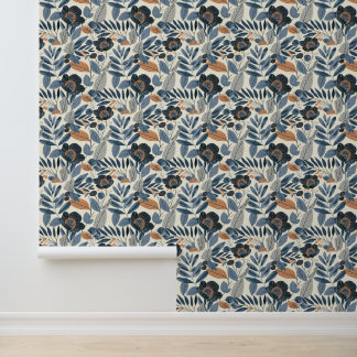 Moderne Blauwe Botanische Lente Bloemstuk Behang