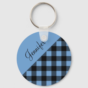 Moderne blauwe Buffalo Plaid naam Sleutelhanger