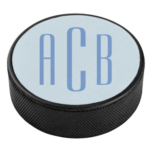 Moderne blauwe drielettermonogram hockey puck (3/4)