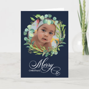 Moderne blauwe elegant Script Eucalyptus Foliage Feestdagen Kaart