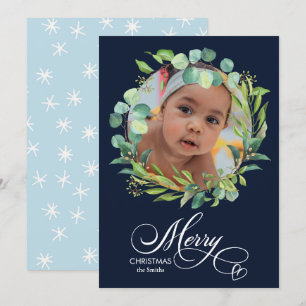 Moderne blauwe elegant Script Eucalyptus Foliage Feestdagenkaart