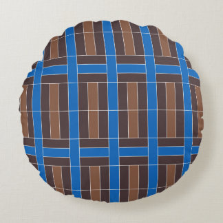 Moderne Blauwe en Bruine Geometrische Plaid Patroo Rond Kussen
