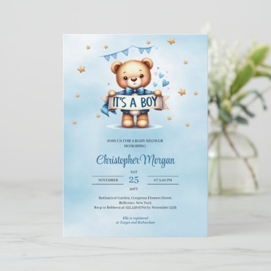 Moderne blauwe en bruine teddybeer het is een jong kaart (Staand voorkant)