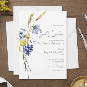 Moderne blauwe en gele wilde bloemen bruidslunch kaart