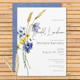 Moderne blauwe en gele wilde bloemen bruiloftslunc kaart