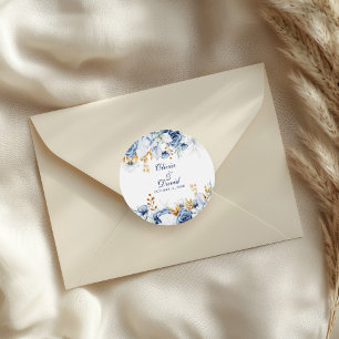 Moderne Blauwe en Gouden Bloemige Bruiloft Ronde Sticker