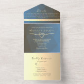 Moderne blauwe en gouden geometrische bruiloft all in one uitnodiging (Binnen)