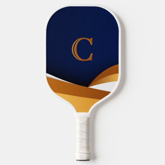 Moderne Blauwe en Gouden Golf Monogram Ontwerp Pickleball Paddle (Voorkant)
