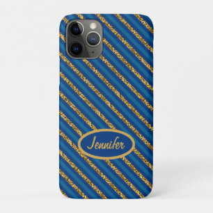 Moderne blauwe en gouden strepen Aangepaste naam iPhone 11 Pro Hoesje