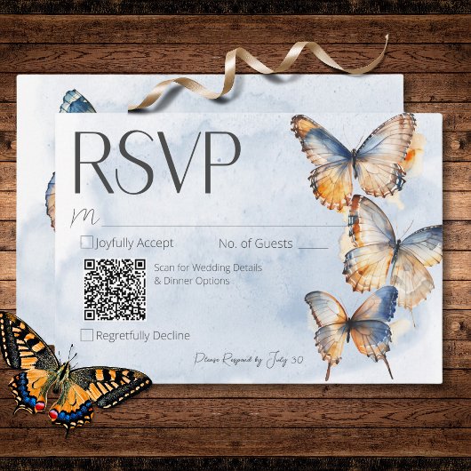 Moderne Blauwe en Roestige Waterverf Vlinders QR-c RSVP Kaartje