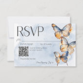 Moderne Blauwe en Roestige Waterverf Vlinders QR-c RSVP Kaartje (Voorkant)