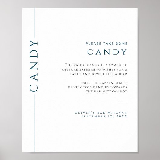 Moderne Blauwe en Witte Bar Mitzvah Snoep Sign Poster (Voorkant)