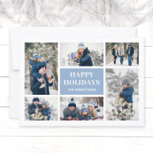 Moderne Blauwe Familie 8 Fotocollage Kerst Kaart