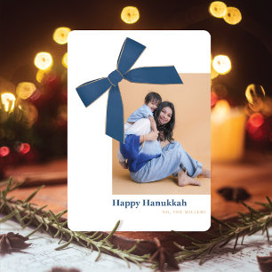Moderne blauwe fluwelen strik foto Hanukkah kaart