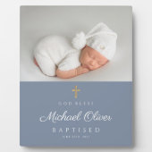 Moderne blauwe foto-aandenken voor gedoopte jongen fotoplaat (Voorkant)