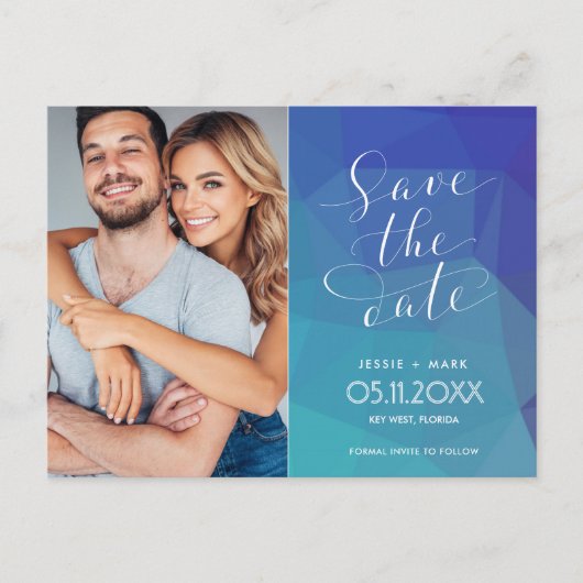 Moderne Blauwe Foto Budget Bruiloft Save the Date Aankondigingskaart (Voorkant)