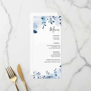 Moderne Blauwe Franse Bloemige Bruiloft Menu