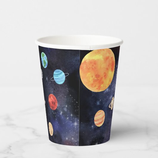 Moderne Blauwe Galaxy Planeten Ruimte Papieren Bekers (Rechts)