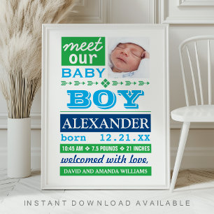 Moderne blauwe geboorteaankondiging voor babyjonge poster