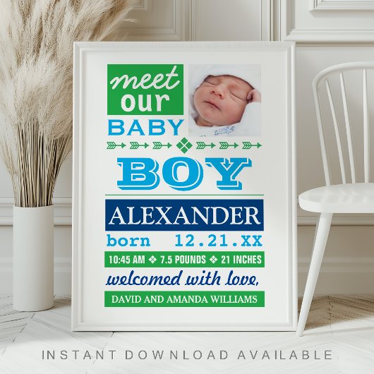 Moderne blauwe geboorteaankondiging voor babyjonge poster
