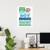 Moderne blauwe geboorteaankondiging voor babyjonge poster (Thuiskantoor)