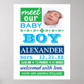 Moderne blauwe geboorteaankondiging voor babyjonge poster (Voorkant)