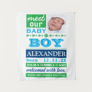 Moderne blauwe geboorteaankondiging voor babyjonge wandkleed