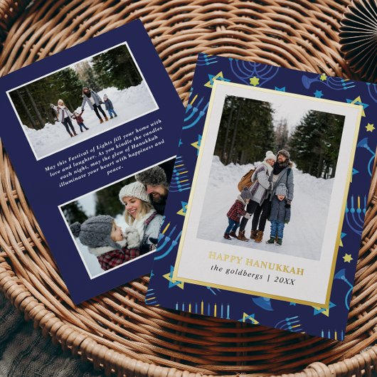 Moderne Blauwe Gele Menorah Sterren 3 Foto's Chano Folie Feestdagenkaart