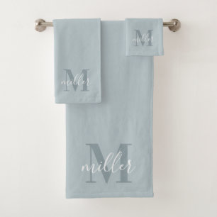 Moderne blauwe gepersonaliseerde familienaam monog bad handdoek