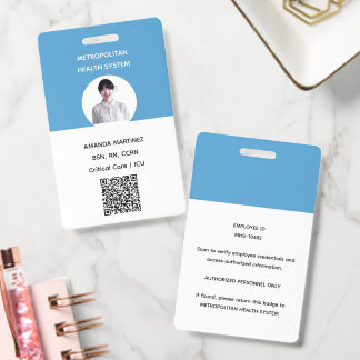 Moderne blauwe geregistreerde verpleegster foto QR Badge