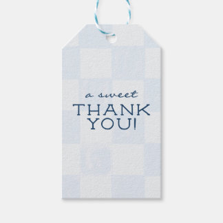 Moderne blauwe geruite baby shower cadeaulabel