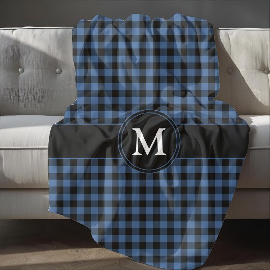 Moderne Blauwe Geruite Monogram Fleece Deken