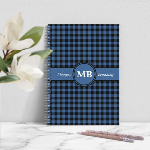 Moderne blauwe geruite monogram notitieboek