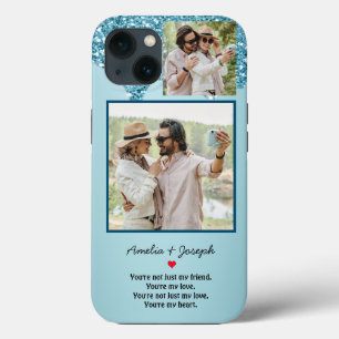 Moderne Blauwe Glitter Custom Liefde Paar Foto iPhone 13 Hoesje