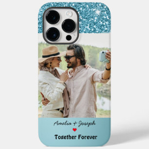 Moderne Blauwe Glitter Custom Liefde Paar Foto Case-Mate iPhone 14 Pro Max Hoesje