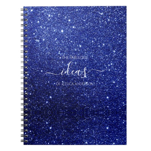 Moderne blauwe glitter scriptnaam notitieboek (Voorkant)
