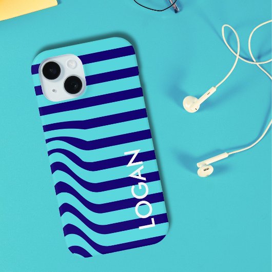 Moderne Blauwe Golfstreep met Aangepaste Naam Case-Mate iPhone Case
