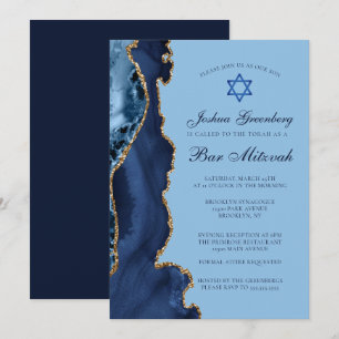 Moderne Blauwe Gouden Agaat Bar Mitswa Party Kaart