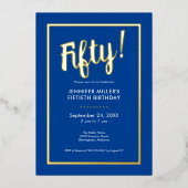 Moderne Blauwe & Gouden Folie 50e Verjaardag Folie Uitnodiging (Voorkant)
