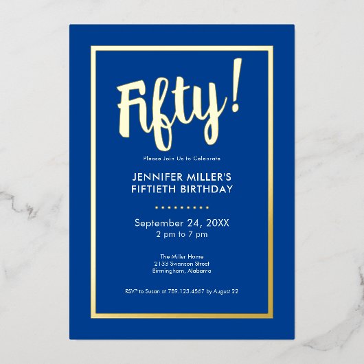 Moderne Blauwe & Gouden Folie 50e Verjaardag Folie Uitnodiging (Voorkant)