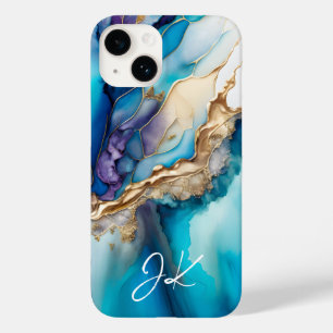 Moderne Blauwe Gouden Marmer Monogram Gepersonalis Case-Mate iPhone 14 Hoesje