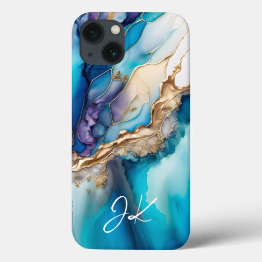 Moderne Blauwe Gouden Marmer Monogram Personalized Case-Mate iPhone Case (Achterkant)